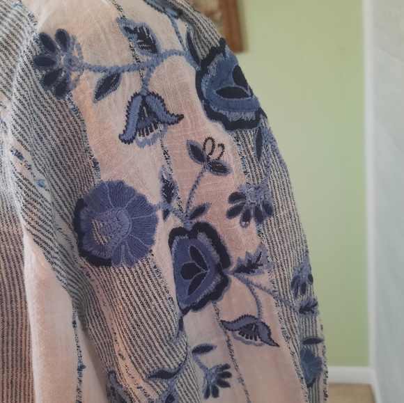 New directions embroidery floral striped boho cotton blend top blouse PL - Picture 4 of 8